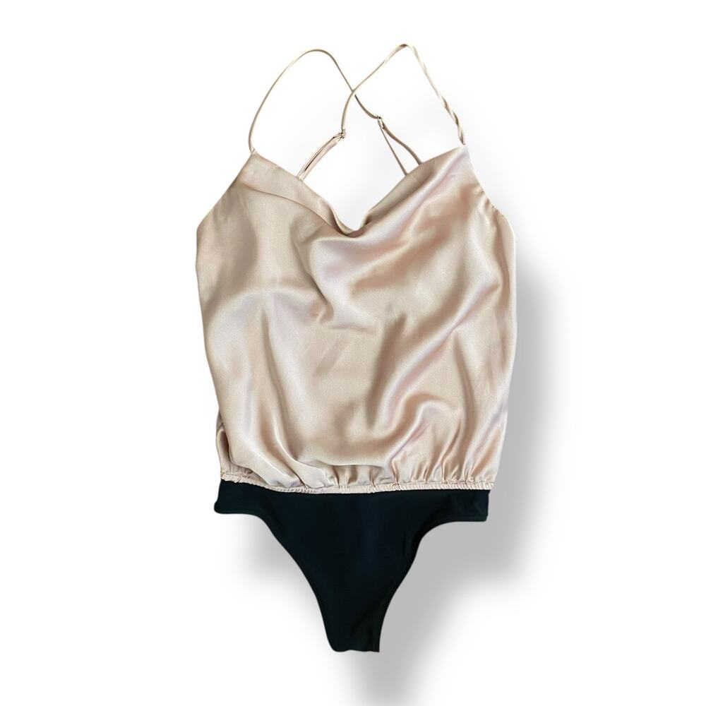 Show Me Your Mumu Diane Bodysuit In Rose‎ Gold Luxe Satin Womens Size XS